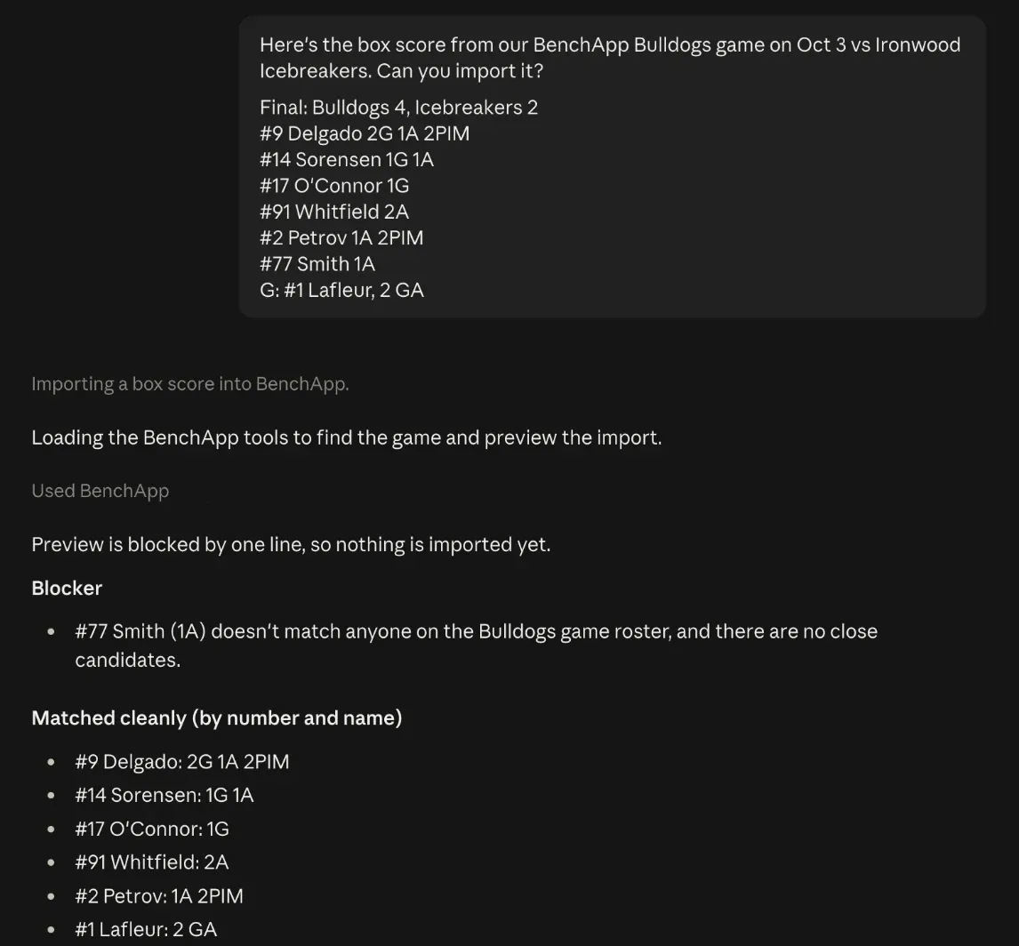 Claude matching a pasted box score to the BenchApp Bulldogs roster by jersey number, and flagging the one line that matches no one