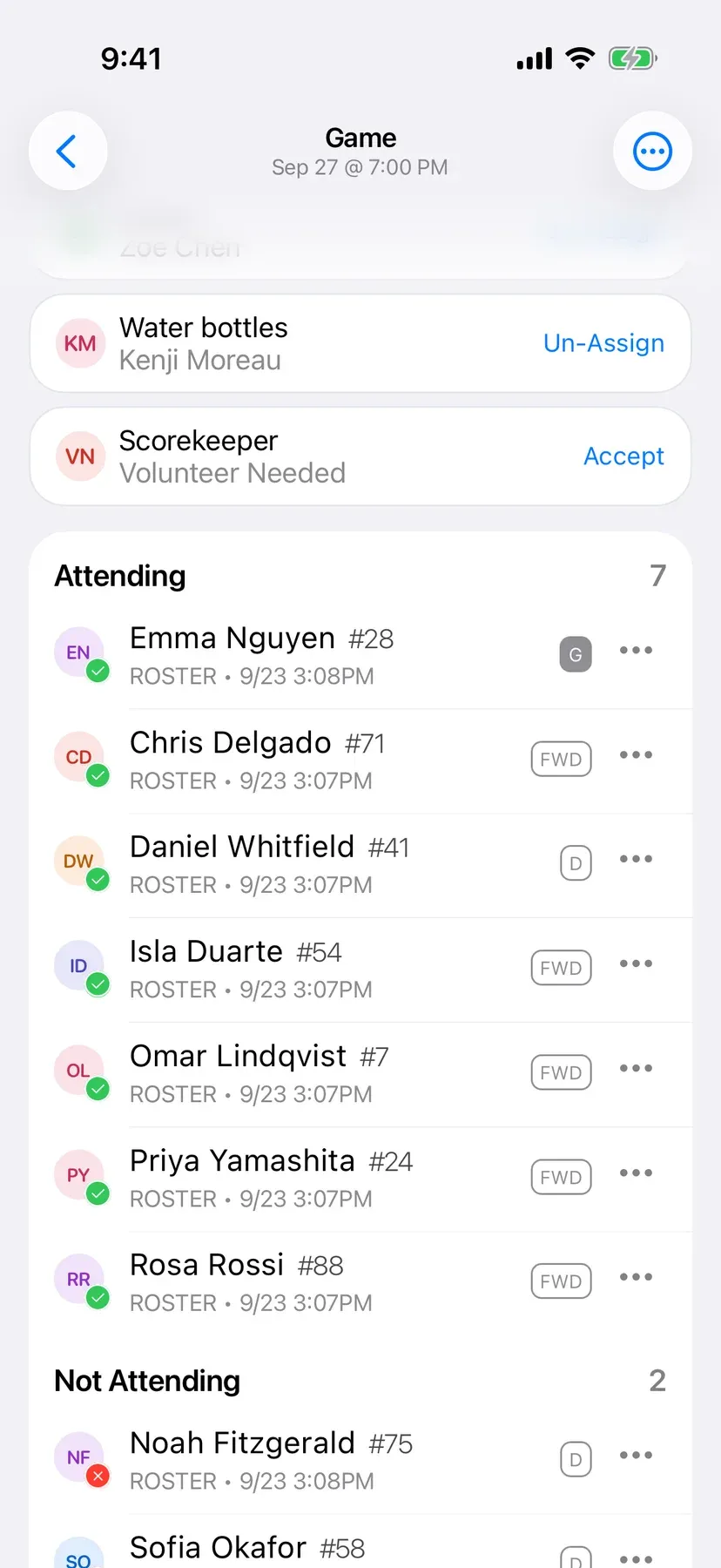 BenchApp game screen showing who is in, out, and yet to reply