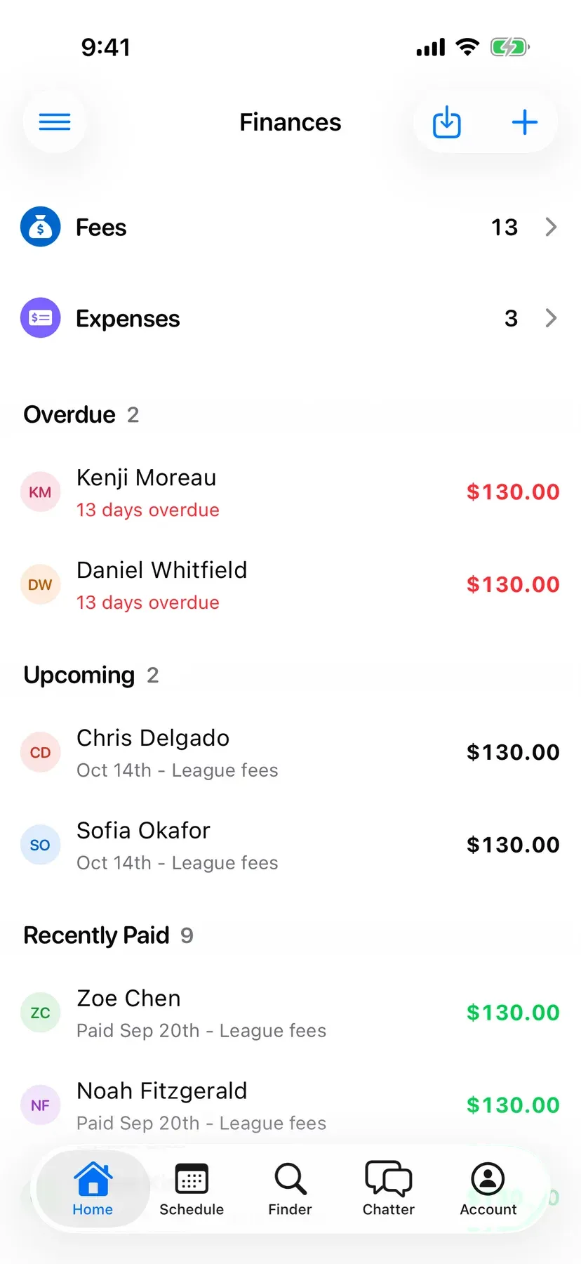 BenchApp finances screen showing fees collected and players who still owe